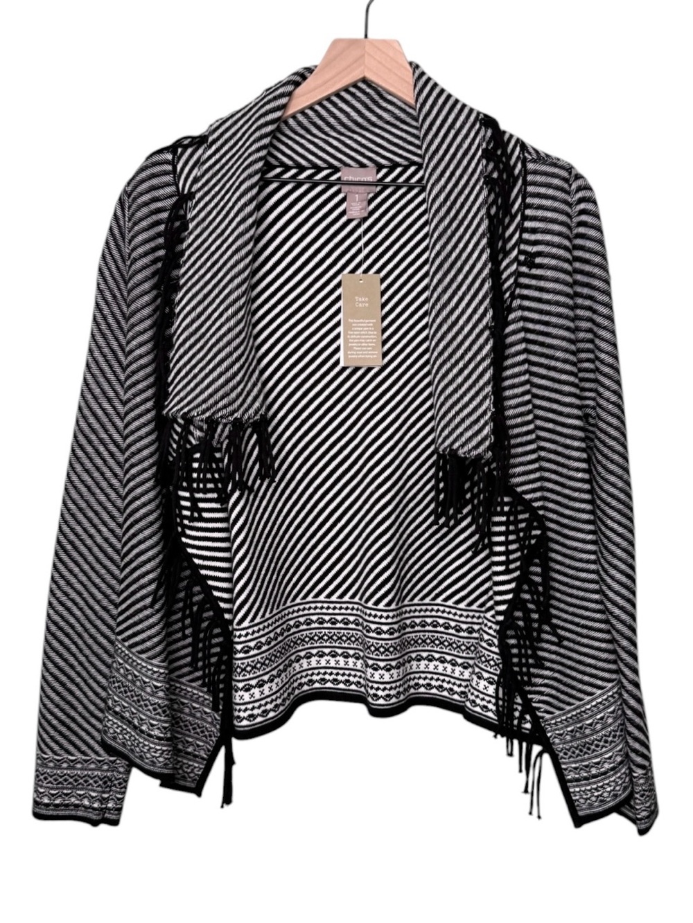 NWT Chico’s Ski Trails Demi Jacquard Striped Cardigan Sweater Black White Medium